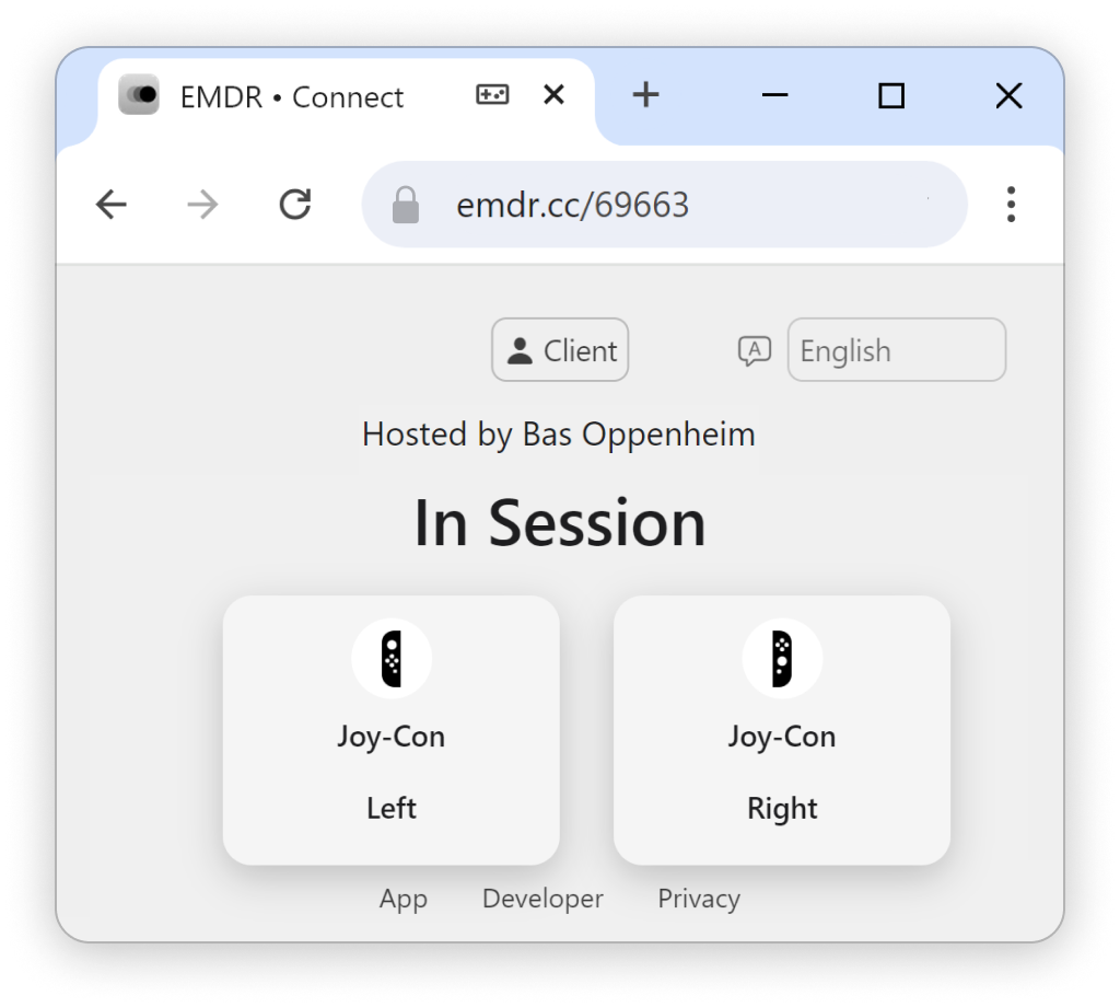 The EMDR Connect web page with connected Joy-Cons for alternating vibrations.